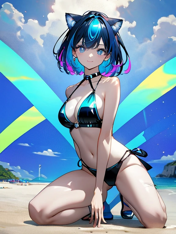 ((masterpiece、top-quality:1.5、a high chroma:1.5、ultra-detailliert、high-resolution illustrations:1.5、Ultra-high-definition CG、8k size wallpaper、offcial art))、(1woman,),(erotic cute face:1.5,cute eyes:1.5)、(seductive smile:1.3)、(sexy body),(kneeling:1.5),(micro bikini:1.5,)、(Metallic Blue、:1.5),(fluorescence multicolored hair:1.5), (large breasts:1.1)、(erotic oil skin:1.5),(curvy:1.1)、
,(shine Eyes:1.5),(midsummer beach strong sunlight:1.5)、(cowboy shot:1.5)、