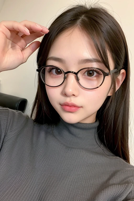 1girl,cute girl wearing glasses,NSFW, masutepiece, Best Quality, 8K,The cutest face,detailed face,ultra-realistic, perfect limbs, perfect anatomy,Simple turtleneck,Pose trying a new hairstyle at the beauty salon