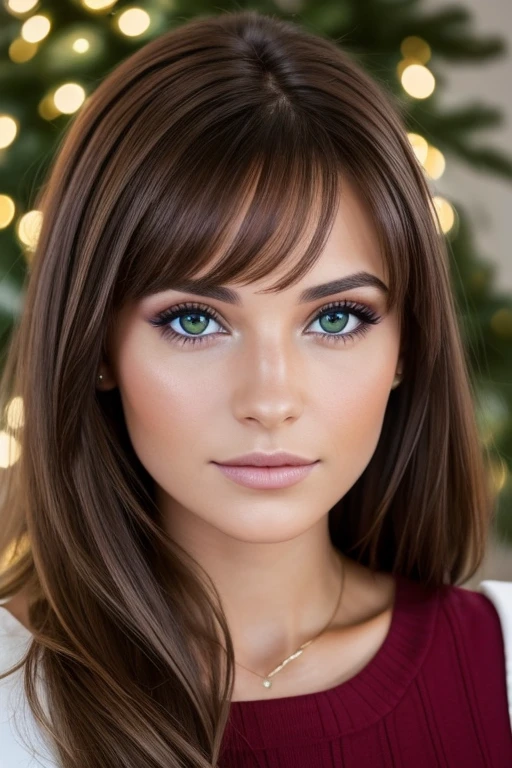 Portrait frontal photoréaliste d'une belle jeune femme (25 anrune aux yeux verts. 8k, Mixeur, Parfait, Natale, brunette, black eyes