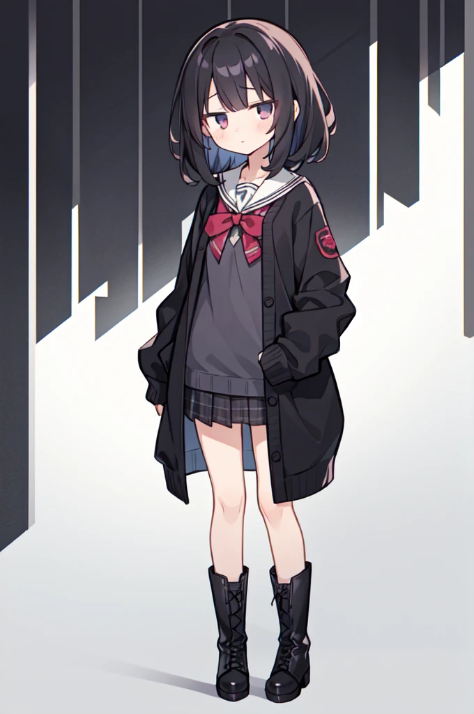 (masterpiece, best quality), 1girl, solo, 14 years old, emaciated, small breast, kawaii, expressionless, black medium hair, messy hair, thin eyebows, black cardigan, long sleeves, plkirt, boots, full body, standing, looking at viewer, pattern background