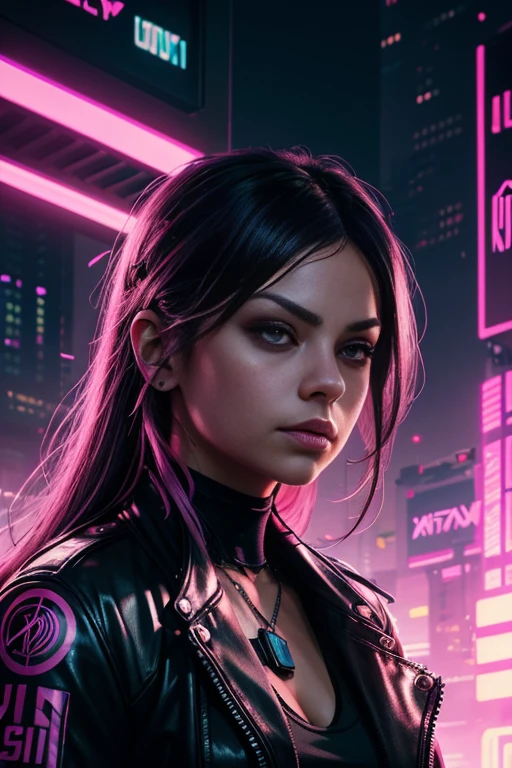 portrait, cyberpunk Mila Kunis, cyborg, Futuristic Cityscape illuminated by a pink neon sunset, Colorful Intricate Details, Graffiti Style, Street Art by Alex Konstad, Tatsuya Ishida, and Patrick Brown, dramatic lighting, hyperrealistic details, trending on Artstation, cinematic lighting