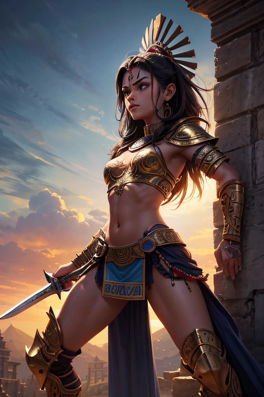 young aztec  girl, ancient aztec warrior, wielding a sword,  evil look,,combat stance, facepaint, bodypaint, sexi, small breasts, ancient aztec battle dress and armor, aztec pyramide in background, highly detailed, vibrant appearance, creative behavior, extremly detailed, imaginative, sensual, spontaneous, highest quality, skin texture, intricate details, (cinematic lighting), RAW photo, 8k, masterpiece,best quality,ultra-detailed,very detailed illustrations,extremely detailed,intricate details,highres,super complex details,extremely detailed 8k cg wallpaper,