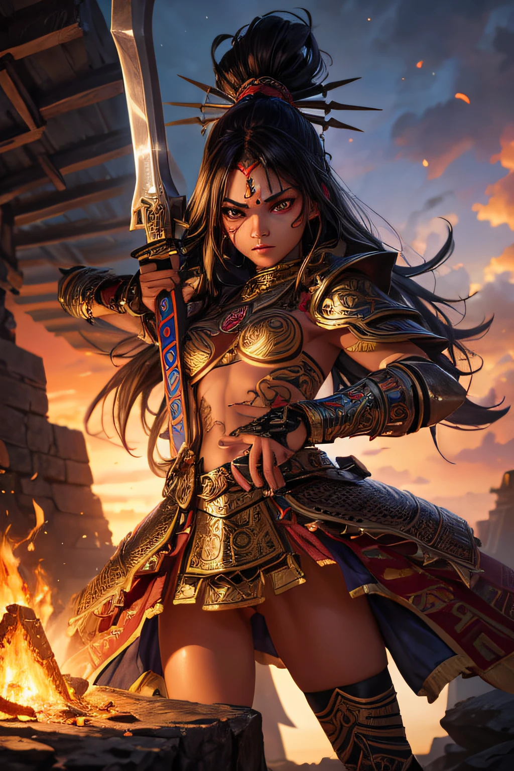young aztec girl, ancient aztec warrior, wielding a sword, evil look,,combat stance, facepaint, bodypaint, sexi, small breasts, ancient aztec battle dress and armor, aztec pyramide in background, highly detailed, vibrant appearance, creative behavior, extremly detailed, imaginative, sensual, spontaneous, highest quality, skin texture, intricate details, (cinematic lighting), RAW photo, 8k, masterpiece,best quality,ultra-detailed,very detailed illustrations,extremely detailed,intricate details,highres,super complex details,extremely detailed 8k cg wallpaper,
