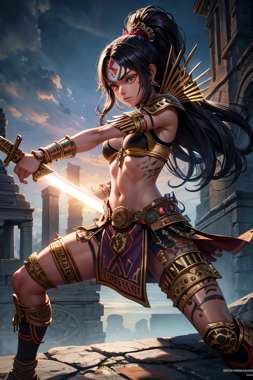 a drawing，A woman in native clothing holds a sword, warrioress, warrior girl, a beautiful woman warrior, amazon warrior, warrior princess, Female Warrior, aztec warrior goddess, barbarian warrior woman, north female warrior, beautiful female warrior, warrior queen, portrait of a woman warrior, Aztec princesses fight barbarians, Greek Amazonian warrior, north adult female warrior, aztec princess portrait，Rich and brilliant colors。
