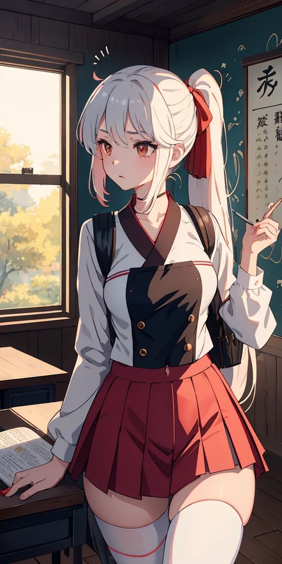 1 lady, long whitr hair, pony tails, Open, Be red in the face, cosmetics, provocation, navel, underbust,  校服, ‎Classroom, bookbag, llight rays, Glow, upper legs, 鎖骨, Willow waist, (tmasterpiece), the wallpaper,
