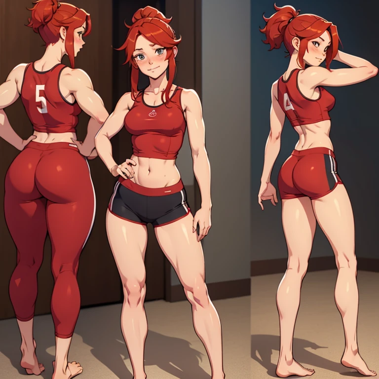 A fullbody image of a beautiful barefoot  happy blushing redhaired woman wearing short workout clothes.