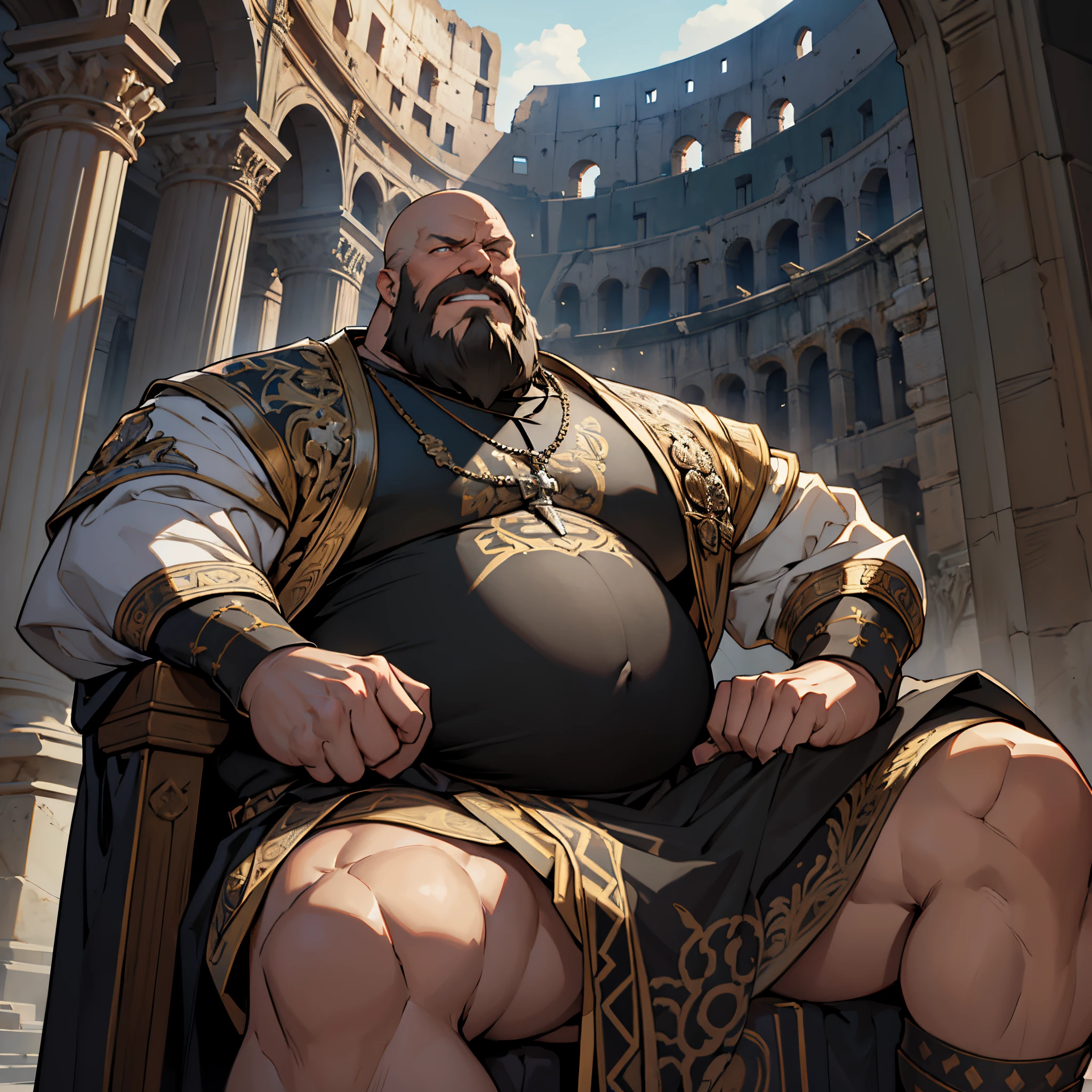 masterpiece, Best Quality, detailed, person upper body, Cinematics, 4k, Background with:Colosseum without people, Bald middle-aged man with very fat stomach.(No beard, No eyebrows.), scary looking, Dress up like a medieval dark fantasy emperor,sitting on the throne