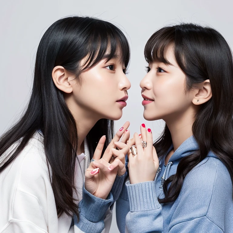 Disney-Pixar。There are two girls on a white background。The girl on the left has long black hair with bangs.、doing half-up、wearing a brown and sky blue knit、He makes one heart with his hand and places it on his cheek.。The girl on the right has black hair with a slight perm and a ponytail.、He is making one heart with his hand and placing it on his cheek, and is wearing a gray hoodie.。