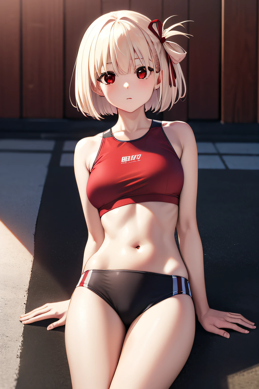 chisatonishikigi, nishikigi chisato, short hair, bangs, blonde hair, (red eyes:1.5), hair ribbon, one side up, bob cut,
BREAK navel, bare shoulders, thighs, stomach, crop top, buruma, sportswear, zipper pull tab, red buruma, sports bikini,
BREAK outdoors, track and field,
BREAK looking at viewer, BREAK (masterpiece:1.2), best quality, high resolution, unity 8k wallpaper, (illustration:0.8), (beautiful detailed eyes:1.6), extremely detailed face, perfect lighting, extremely detailed CG, (perfect hands, perfect anatomy),