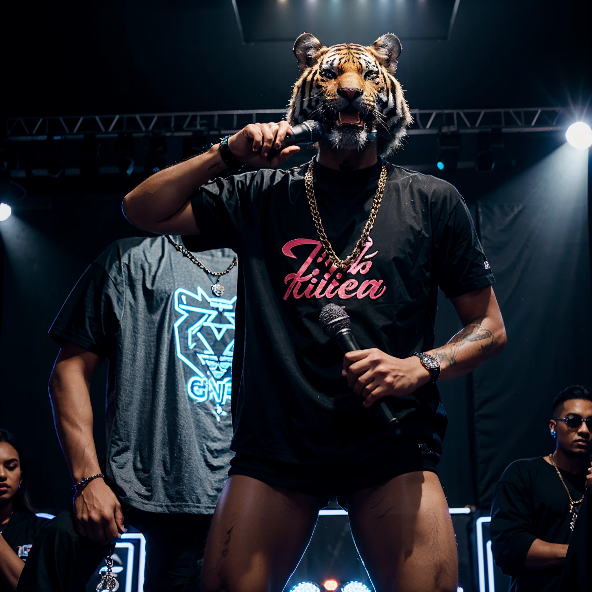 A tiger wearing black tech wear, holding a microphone, wearing a diamond chain, performing a concert, neon lights, 8k, high quality, high detail