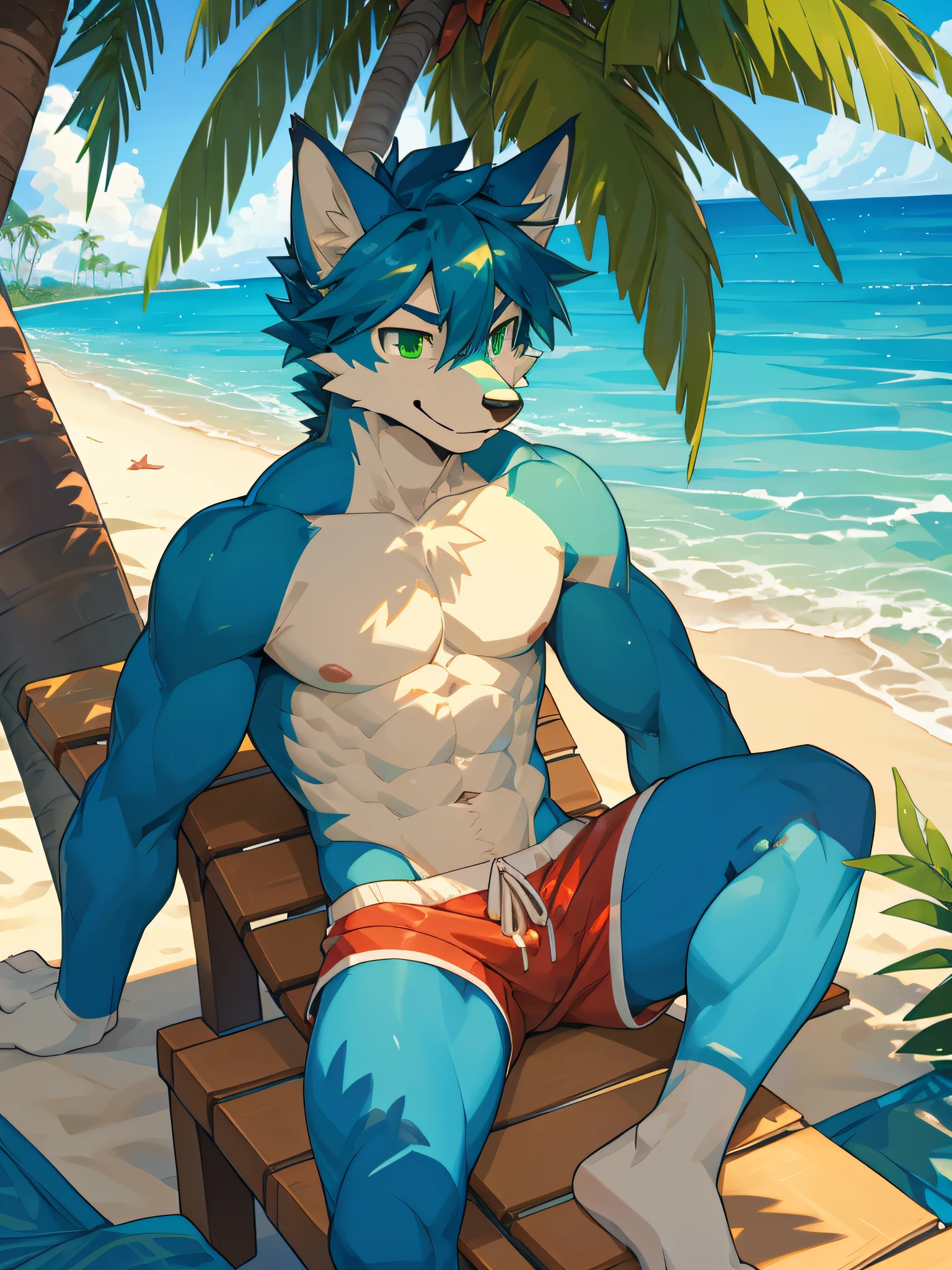 furry,blue fur fox,bara,masculine,Light green eyes,muscular,bare body,Wear red swimming trunks,Sitting leaning against a coconut tree on the beach..,In the morning