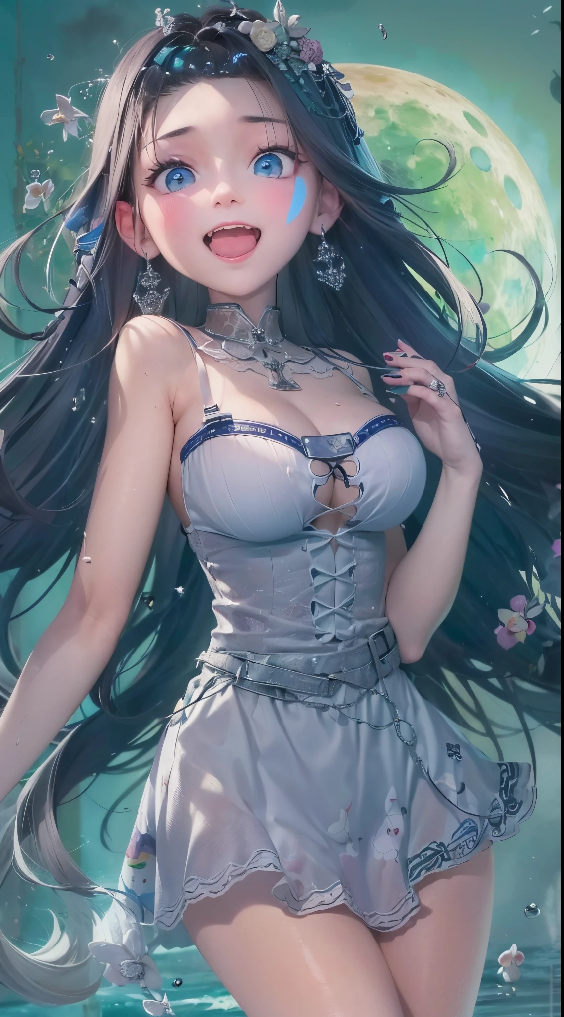 One lady,25-years old,(() ,(((colourfull))), (()), (())((I'm opening my mouth)),((micro skirt, body suit))(A smile),,(A dark-haired,),((Fantasy,Moon Night))((Clothes are torn))Wet with sweat