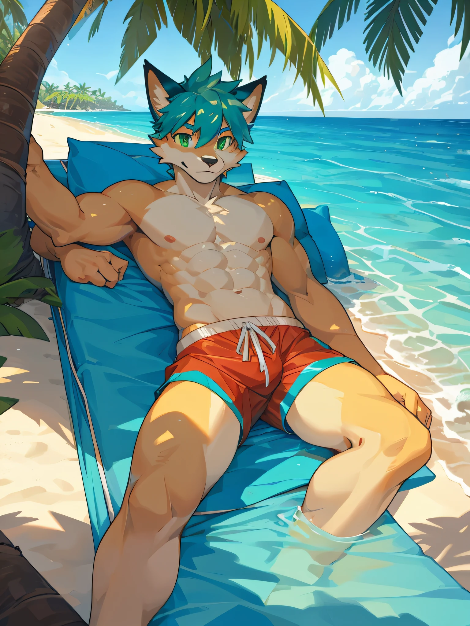 furry,fox,bara,masculine,The whole body is light blue..,Light green eyes,muscular,bare body,Wear red swimming trunks,Lying against a coconut tree on the beach.,In the morning