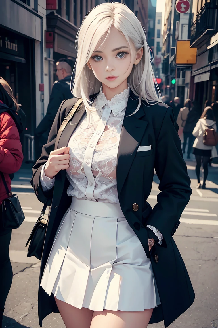 No coat,Girl seen from the floor, It's okay to wear a skirt, look from down, I can see mine, medium, ((The very detailed)), (The details of the face are perfect), (Very detailed hands), photorealistic image,white colors,a skirt,huge lace