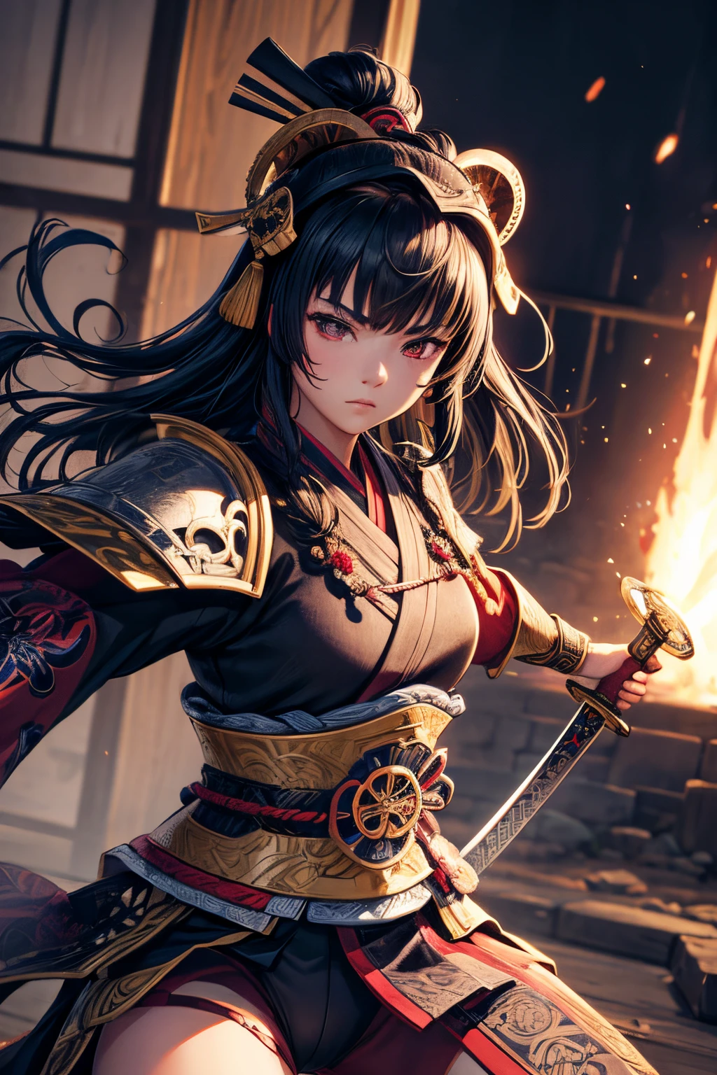 young girl,shogun, sad evil look,,combat stance, wielding a sword, holding a small round shield, shogun armor and helmet, highly detailed, battlefield in background, vibrant appearance, creative behavior, extremly detailed, imaginative, , spontaneous, highest quality, skin texture, intricate details, (cinematic lighting), RAW photo, 8k, masterpiece,best quality,ultra-detailed,very detailed illustrations,extremely detailed,intricate details,highres,super complex details,extremely detailed 8k cg wallpaper,
