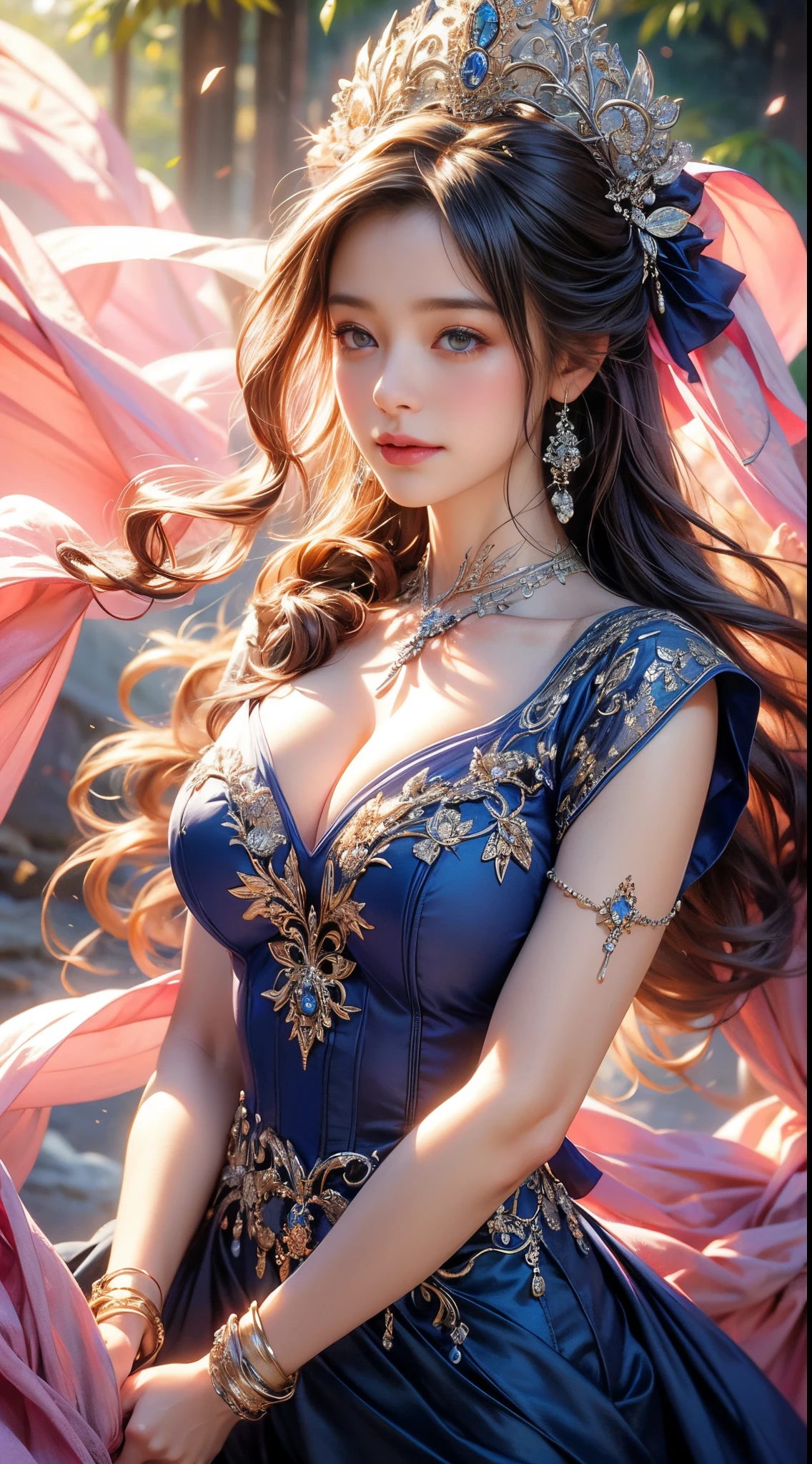 (Best Quality,4K,8K,hight resolution,tmasterpiece:1.2),ultra - detailed,(current,Realistically,realisticlying:1.37),girl in a luxurious blue dress,eyes were shining with joy, her lips were slightly curved,show a gentle smile. The sun casts a warm golden light on her face, Enhance her beauty. Flower colors are bright pink and purple、Rich in gentle pastel colors。, Create harmonious and visually pleasing works. Soft and diffuse lighting, Creates a dreamy and fantastic atmosphere. girl standing in the middle of the field, Please raise your arms a little, Embrace the beauty of nature. A carefully balanced composition, girl'Off-center position, Create a sense of movement and vitality. The details of the flowers are very carefully drawn..., Carefully expressing each petal and leaf.. The Girl'The skirt wraps her elegantly, Adds elegance and femininity to the scene. all inclusive, Works that evoke joyful feelings, enshrine, and appreciation for the beauty of nature.........