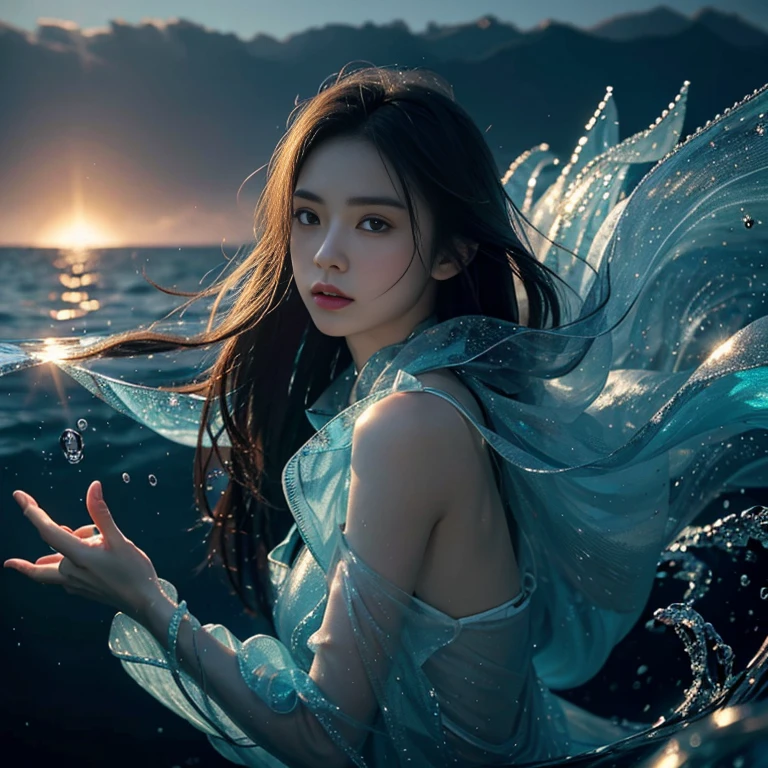 (tmasterpiece,quality,optimum,offcial art,Beautiful and beautiful,long term exposure:1.2),Smooth movement,Attractive pattern,one-girl, femele,Perfect Skin,jade eye leaf hairs,sporty attire,独奏,upper part of body,Gaze at the observer,detailedbackground,详细的脸,(Crystal AI,crystalline theme:1.1),Elemental Water Elves,swirling water,Water control,Fantasy magician costume,dynamic suspended particles,Ether dynamics, Eau,Steaming,Background sea,blues,coastal fantasy atmosphere,Minkel lacks hair。whole face。Realism in the water。Light and shadow tracking,