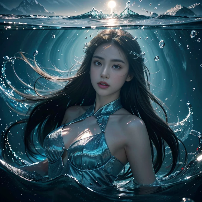 (tmasterpiece,quality,optimum,offcial art,Beautiful and beautiful,long term exposure:1.2),Smooth movement,Attractive pattern,one-girl, femele,Perfect Skin,jade eye leaf hairs,sporty attire,独奏,upper part of body,Gaze at the observer,detailedbackground,详细的脸,(Crystal AI,crystalline theme:1.1),Elemental Water Elves,swirling water,Water control,Fantasy magician costume,dynamic suspended particles,Ether dynamics, Eau,Steaming,Background sea,blues,coastal fantasy atmosphere,Minkel lacks hair。whole face。Realism in the water。Light and shadow tracking,
