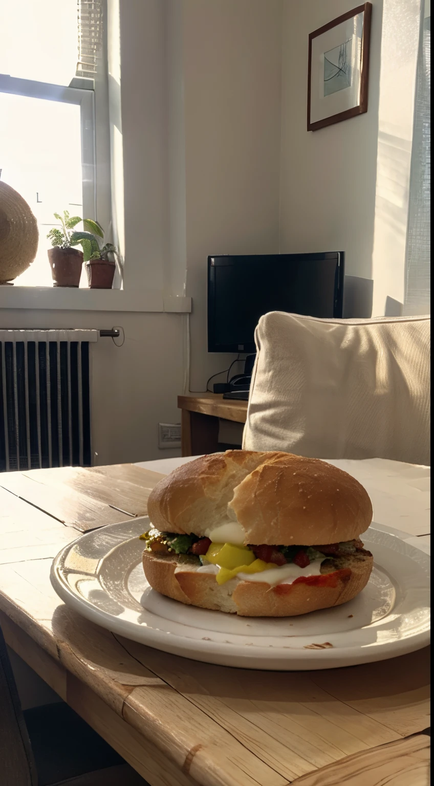 There  a bottle of white wine on the table、A picture frame and bread, Napkins and wine glasses,  Window lighting , Background curtains, Still life impasto painting , Bright background, The sun  good