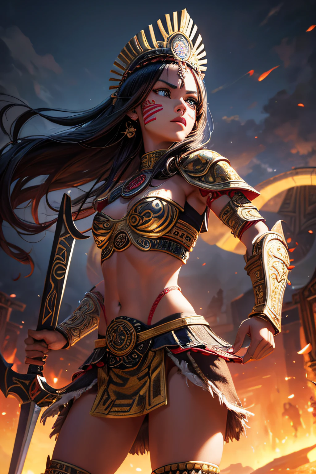 young aztec teen girl, ancient aztec warrior, wielding a sword,  evil look,,combat stance, facepaint, bodypaint, sexi, small breasts, ancient aztec battle dress and armor, aztec pyramide in background, highly detailed, vibrant appearance, creative behavior, extremly detailed, imaginative, sensual, spontaneous, highest quality, skin texture, intricate details, (cinematic lighting), RAW photo, 8k, masterpiece,best quality,ultra-detailed,very detailed illustrations,extremely detailed,intricate details,highres,super complex details,extremely detailed 8k cg wallpaper,