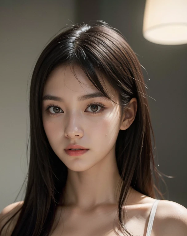 A 20-year-old woman with long dark hair, embracing a modern and trendy hi-top fade haircut, set against a dark theme. The woman exudes a sense of serenity and elegance, her brunette locks cascading down her shoulders. Her skin depicted with natural texture and a hyperrealistic touch, emphasizing her youthful glow. The lighting in the scene soft, casting a gentle glow that accentuates her features. The overall color palette of the image muted and soothing, with a focus on muted colors that create a sense of tranquility. The tones are carefully curated to evoke a calming and peaceful atmosphere. The image characterized by high contrast, adding depth and dimension to the composition. The woman's face the centerpiece of the image, with attention to detail given to her beautiful and captivating eyes, delicate nose, and soft, enticing lips. Her eyes are extremely detailed, reflecting a sense of depth and emotion. The artist has paid special attention to creating long eyelashes that enhance the allure of her gaze. The composition also includes additional elements, such as a soft light that envelops the woman, further emphasizing her radiance. The hyperrealistic details of her face and features are juxtaposed against a backdrop that complements her aura. This masterpiece crafted with the highest quality standards, ensuring impeccable image clarity. The resolution can range from 4K to 8K, showcasing every minutiae of the artwork. The use of physically-based rendering techniques and studio lighting enhances the realistic nature of the image. The artistic style of this piece a fusion of portraiture and contemporary aesthetics, capturing the timeless beauty of the woman while incorporating modern elements. The resulting image a stunning blend of realism and artistic interpretation. The color scheme of the image predominantly dark, with deep and soothing tones setting the mood. The muted colors complement the dark theme, creating a sense of mystery and intrigue. The image exudes