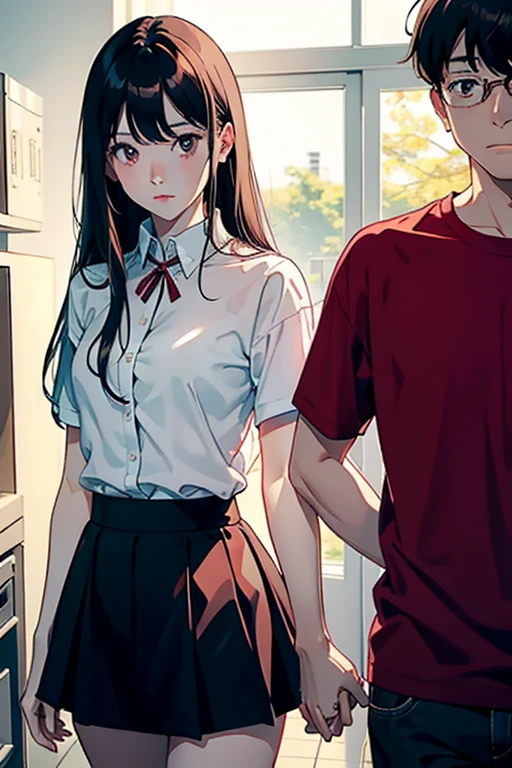 quality tmasterpiece Male and female couples Girl looking straight into the camera,Wear tight skirts and shirts。The boy hugged the girl from behind。boy in red shirt,long white hair girl。Do not wear glasses、Intimacies