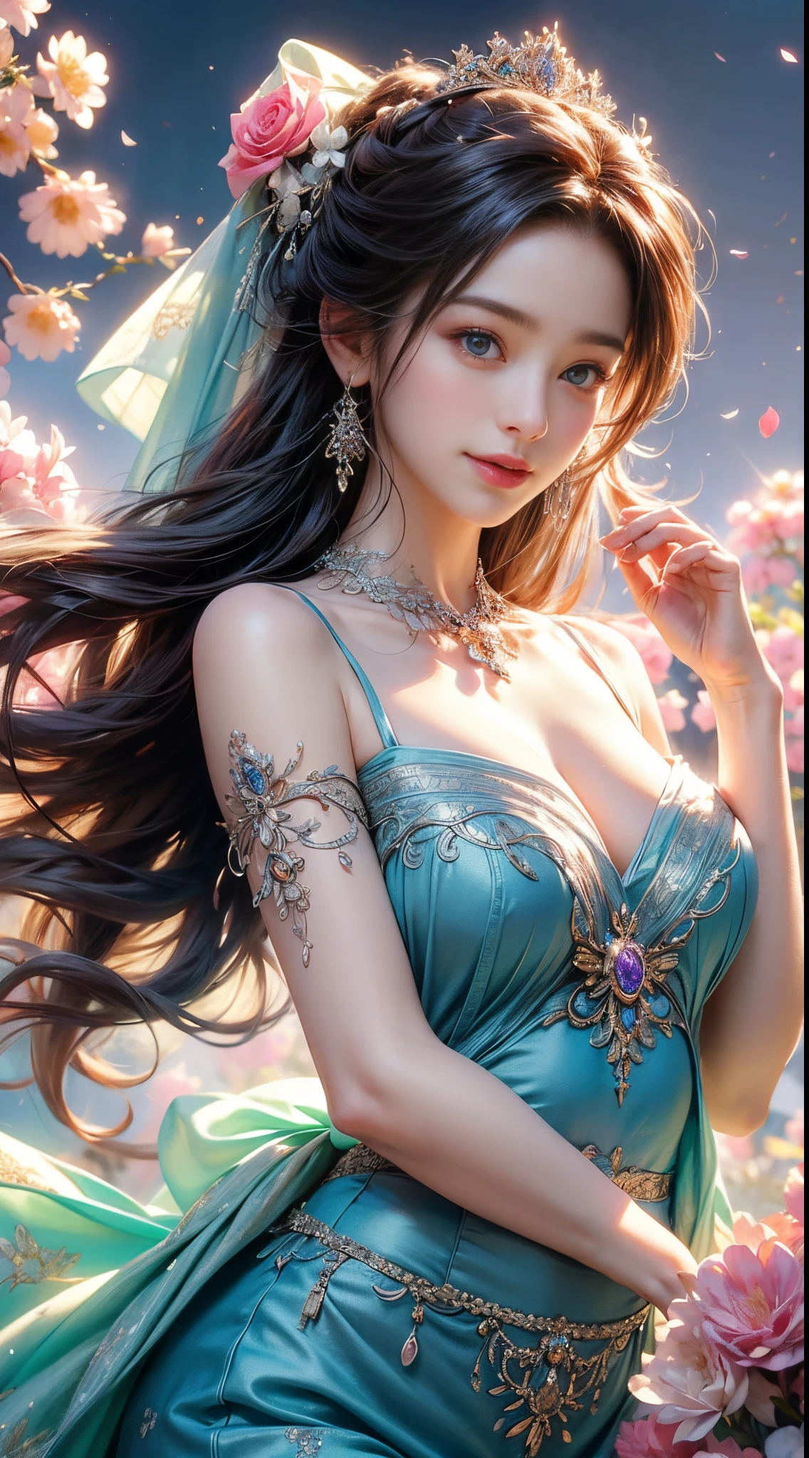 (Best Quality,4K,8K,hight resolution,tmasterpiece:1.2),ultra - detailed,(current,Realistically,realisticlying:1.37),girl in a luxurious blue dress,eyes were shining with joy, her lips were slightly curved,show a gentle smile. The sun casts a warm golden light on her face, Enhance her beauty. The color of the flowers is、From bright pink and purple、Variety of soft pastel colors。, Create harmonious and visually pleasing works. and the lighting is soft and diffused, Creates a dreamy and fantastic atmosphere. girl standing in the middle of the field, raise your arms a little, As if embracing the beauty of nature. The composition is carefully balanced, girl'The position is off center, Create a sense of movement and vitality. The details of the flowers are very detailed, Each petal and leaf is carefully expressed.. The Girl'The skirt wraps her elegantly, Adds elegance and femininity to the scene. all inclusive, Artwork that evokes joyful feelings, enshrine, and appreciation for the beauty of nature.........