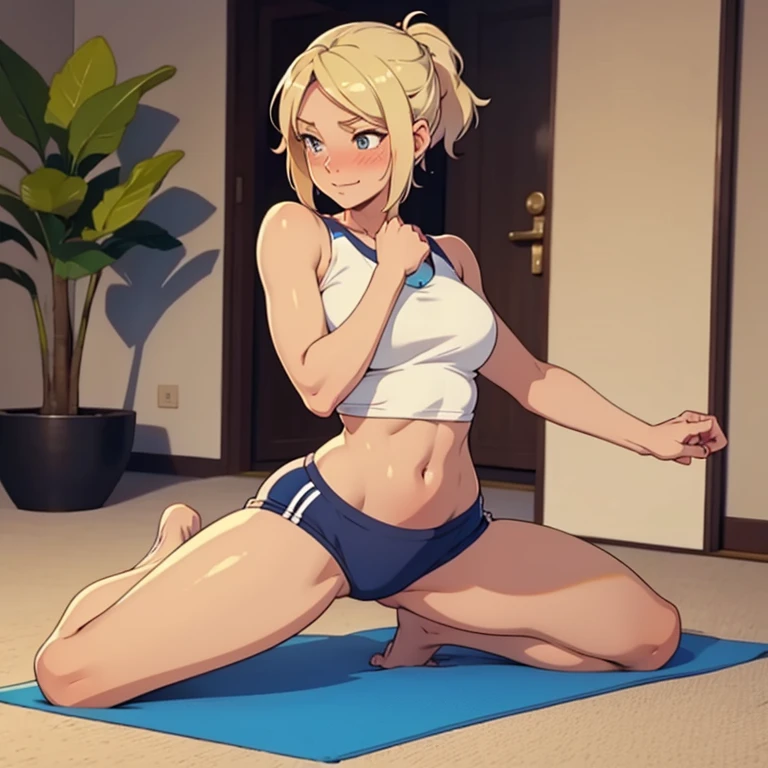 A fullbody image of a beautiful barefoot  happy blushing blonde woman wearing short workout clothes.