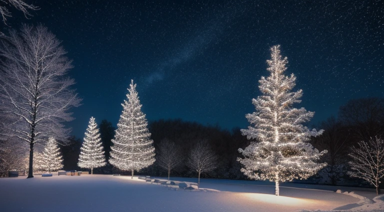 a winter night，snowflakes falling