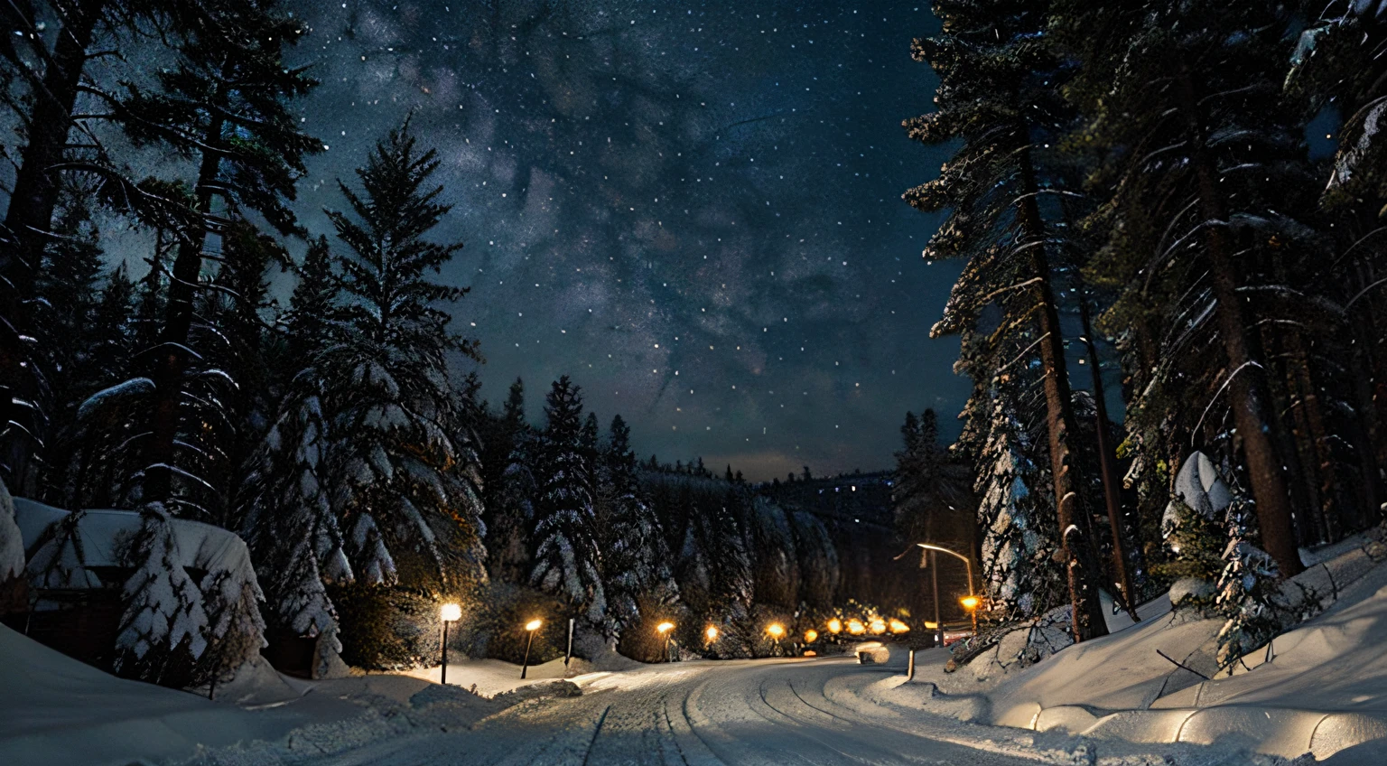 winding snowy road snowy forest, Evening, Starry sky, oil, Drifts