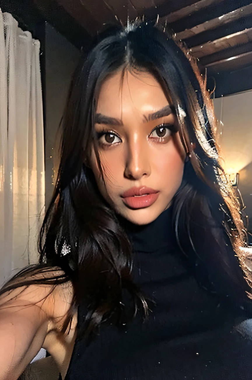 (masterpiece), best quality, masterpiece, (photorealistic:1.2), 1woman, front view, realistic skin, (round face), curtain fringe messy hair, brown hair, human skin imperfection, blackout lighting,sleeveless turtleneck,(1girl), big breast, facing the camera, no makeup on, natural face, natural eyelashes, natural light,