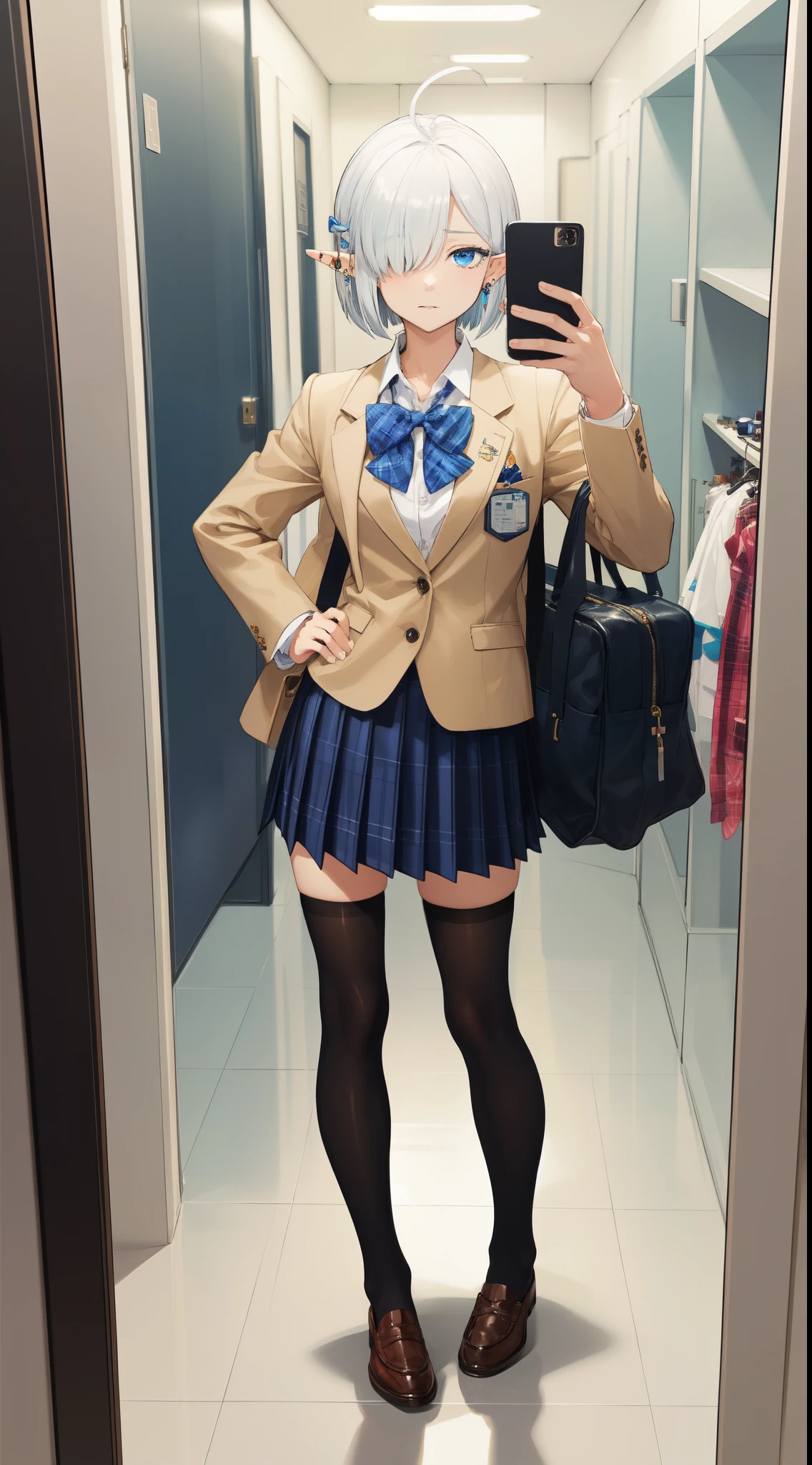masterpiece,(bestquality),highlydetailed,ultra-detailed,  cold , solo , (elf), ( 1girl ) , expressiveless，Sharp eyes，Cold，detailedeyes , stare , (blue eye, beautiful detailed eye, bob cut hair, parted bangs, (hair over one eye), white hair, blue eyes,  (ahoge) , Various accessories, (ear piercing), (bag) , (black legwear) , (blazer) , (bow) , (bowtie) , (cellphone) , (hand on hip) , (holding) , (holding phone) , (jacket) , (loafers) , (looking at phone) , (mirror) , (phone) , (plaid) , (plaid skirt) , (pleated skirt) , (reflection) , (school bag) , (school uniform) , (selfie) , (shoes) , (shoulder bag) , (skirt) , (smartphone) , (thighhighs), artstation by Artgerm, by Kawacy, By Yusuke Murata,