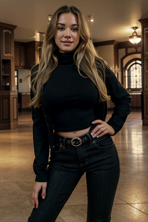 1girl in, age24, Solo, Long wavy hair, Colossal tits, long messy windy blonde hair, camera facing down at, at Disneyland, standingon floor, looking up at camera, half smile, biting lip, blondehair, Full body, (extremely detailed 8k wallpaper), soft lighting, high quality, film grain, Fujifilm XT3 sharp focus, f 5.6, 50mm, High Detail, Sharp focus,(natural light), (seductive), whit turtleneck, thick stripes, pure black jacket, black heels and black jeans revealing, Realistic, A sexy