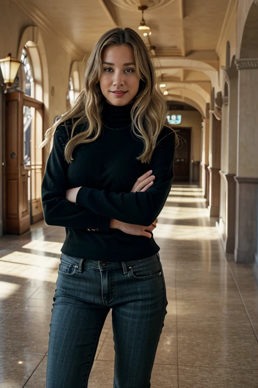 1girl in, age24, Solo, Long wavy hair, Colossal tits, long messy windy blonde hair, camera facing down at, at Disneyland, standingon floor, looking up at camera, half smile, biting lip, blondehair, Full body, (extremely detailed 8k wallpaper), soft lighting, high quality, film grain, Fujifilm XT3 sharp focus, f 5.6, 50mm, High Detail, Sharp focus,(natural light), (seductive), whit turtleneck, thick stripes, pure black jacket, black heels and black jeans revealing, Realistic, A sexy