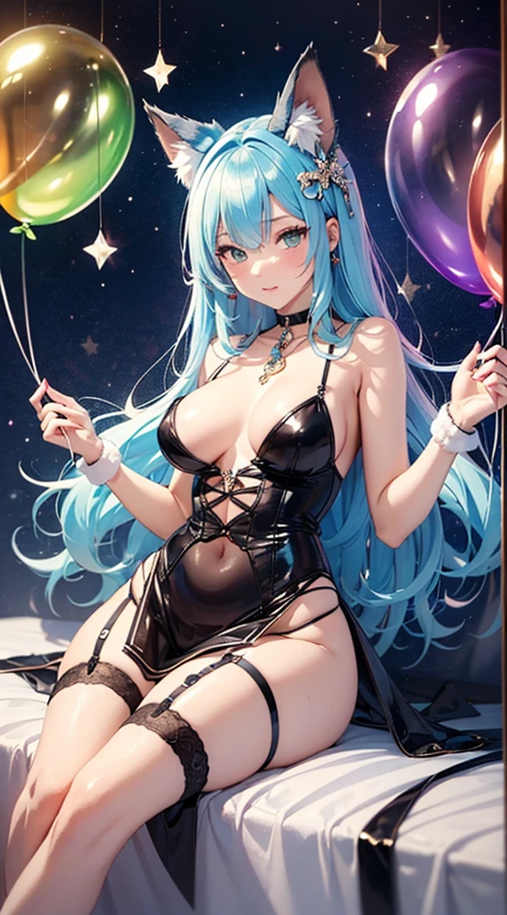 High quality, masterpiece, ultra-detailed, highly detailed outfit, choker, little bows, frills, 1 girl, solo, fox girl, long light blue hair, garter belt, garter straps, shiny skin, nipples, naked breasts, peaceful expression, enchanting green eyes, many balloons, bedroom, knees up, m legs