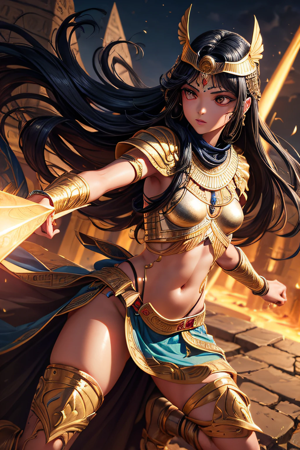 young egyptian teen girl, ancient egyptian warrior, wielding a khopesh  evil look,,combat stance, facepaint, bodypaint, sexi, small breasts, ancient egyptian battle dress and armor, pyramide in background, highly detailed, vibrant appearance, creative behavior, extremly detailed, imaginative, sensual, spontaneous, highest quality, skin texture, intricate details, (cinematic lighting), RAW photo, 8k, masterpiece,best quality,ultra-detailed,very detailed illustrations,extremely detailed,intricate details,highres,super complex details,extremely detailed 8k cg wallpaper,