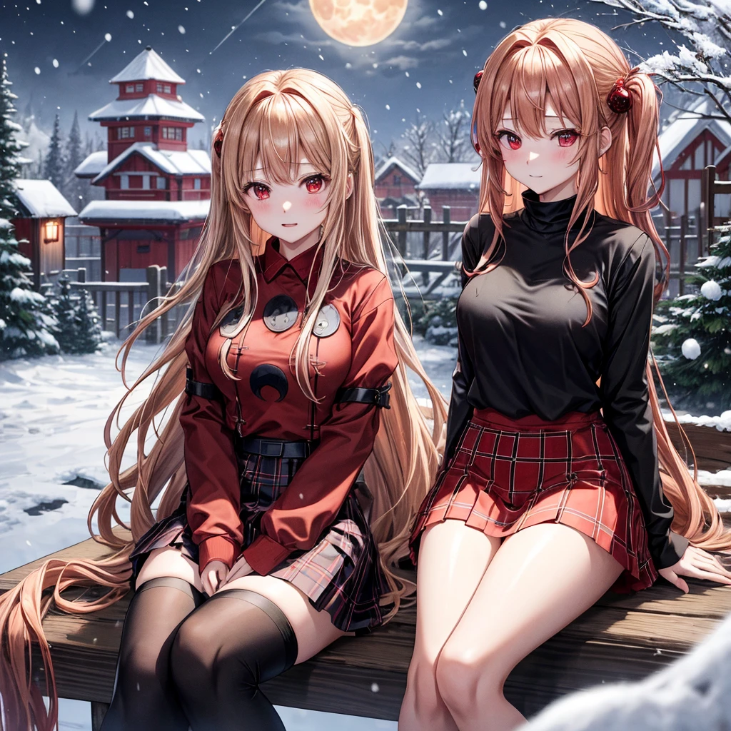 Red-blonde、red eyes、one good looking girl、独奏、animesque、lightly dressed、Plaid miniskirt、wetting hair、sitting on、Black T-shirt、large tree、fullmoon、It's snowing、monster castle、railroad crossing、lantern、Gates of Hell、gatekeeper of craft