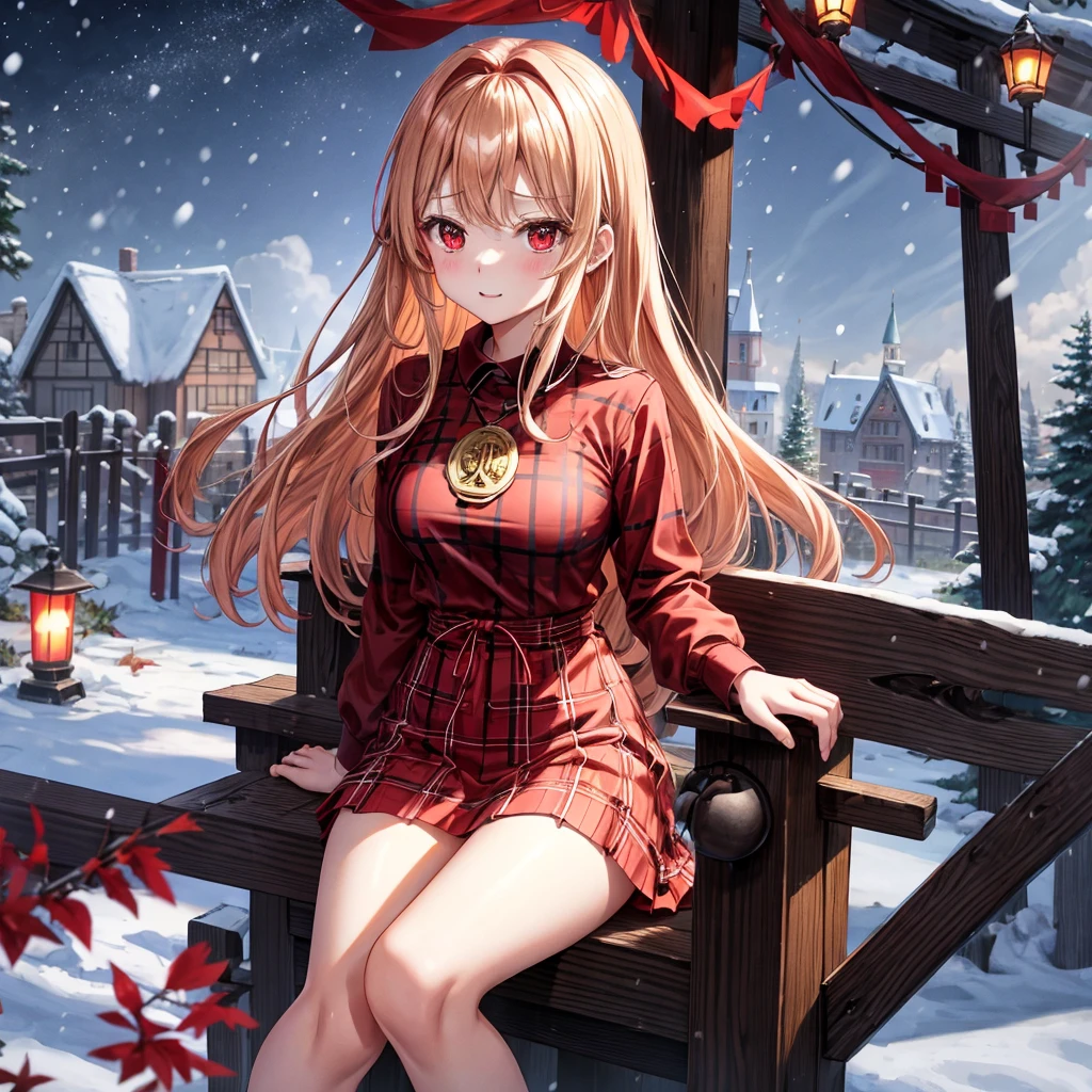 Red-blonde、red eyes、one good looking girl、独奏、animesque、lightly dressed、Plaid miniskirt、wetting hair、sitting on、Black T-shirt、large tree、fullmoon、It's snowing、monster castle、railroad crossing、lantern、Gates of Hell、gatekeeper of craft
