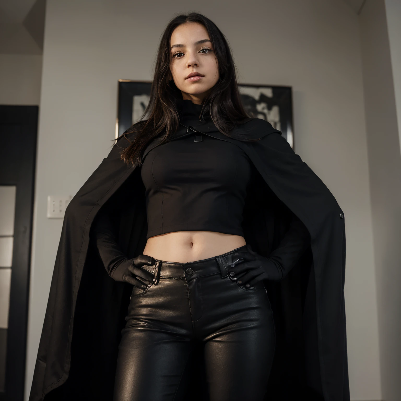 (masterpiece, best quality:1.2), from below, solo, 1girl, ozen, expressionless, closed mouth, looking at viewer, hands on hips, black jacket, cape, black pants, black gloves