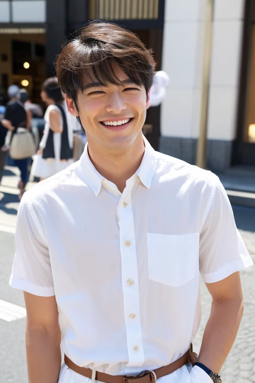 I&#39;m so happy I&#39;m jumping up and down,handsome smiling man,jpn,male in his 20s,I have a smartphone,Wearing white clothes,Have a tan,I have a smartphone,up of face