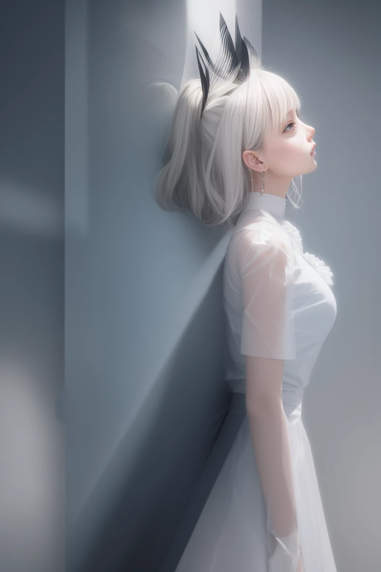 Highest Quality,perfect masterpiece,Perfect Artwork,Formula works,8K,, (Upper body portrait:1.3),((Seen from the side:1.5)),close-up lenses,Delicate face,, 17 years old,white-haired girl,(hakuhatsu:1.5),Short and medium hair,((White transparent eyes:1.5)),(White Dress:1.2),(Transparent clothing:1.2),(Black background:1.3),, Pearl Illusion,Cyberpunk,fashion trend,3S Material,hight resolution,Detailed expression,C4D,。.3D,Octane Rendering,Ray tracing,intricate-detail,Animated Lighting,Okrenderer,