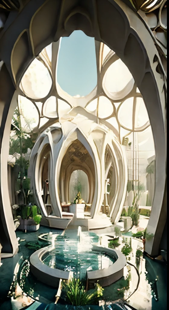 Palace made from bricks and tiles with a heavenly garden, minimalistic paradise, futuristic version of desert architecture