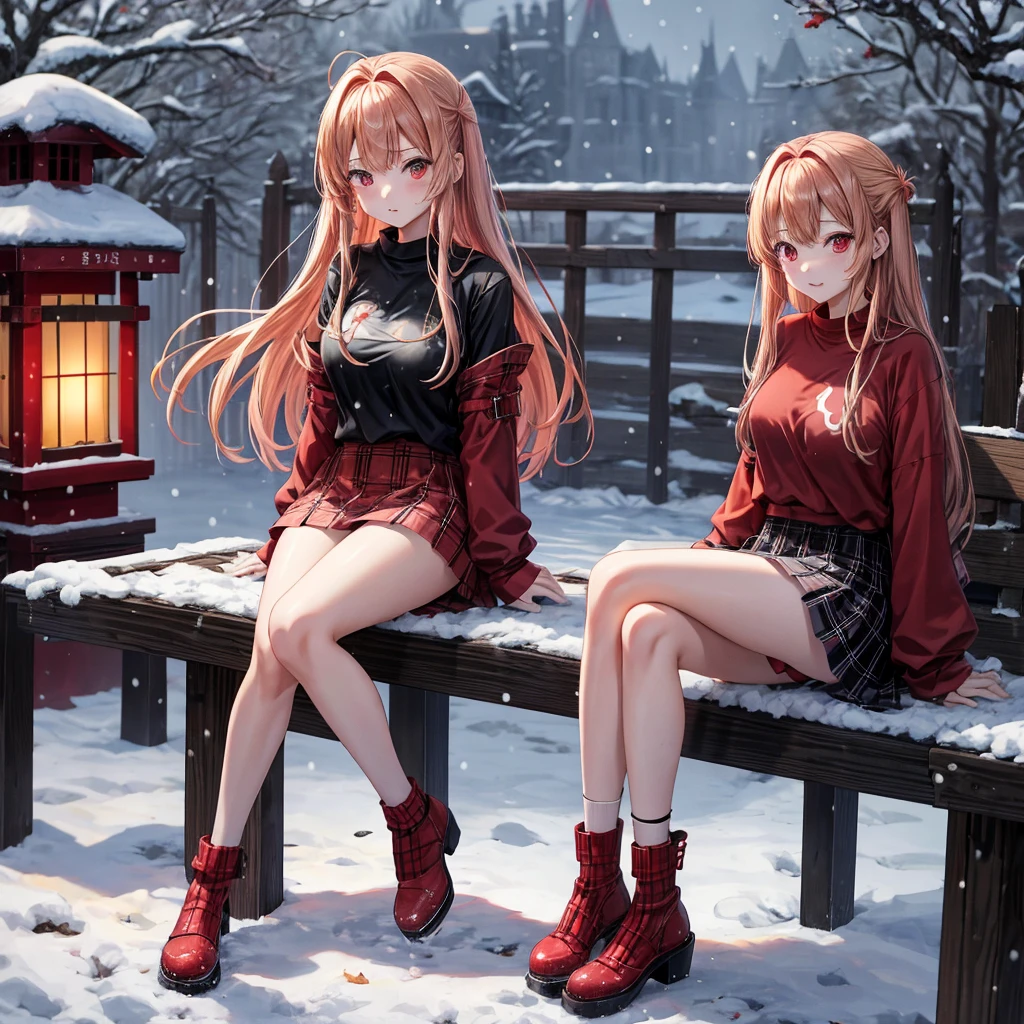 Red-blonde、red eyes、one good looking girl、独奏、animesque、lightly dressed、Plaid miniskirt、wetting hair、sitting on、Black T-shirt、large tree、fullmoon、It's snowing、monster castle、railroad crossing、lantern、Gates of Hell、gatekeeper of craft、I'm looking cold