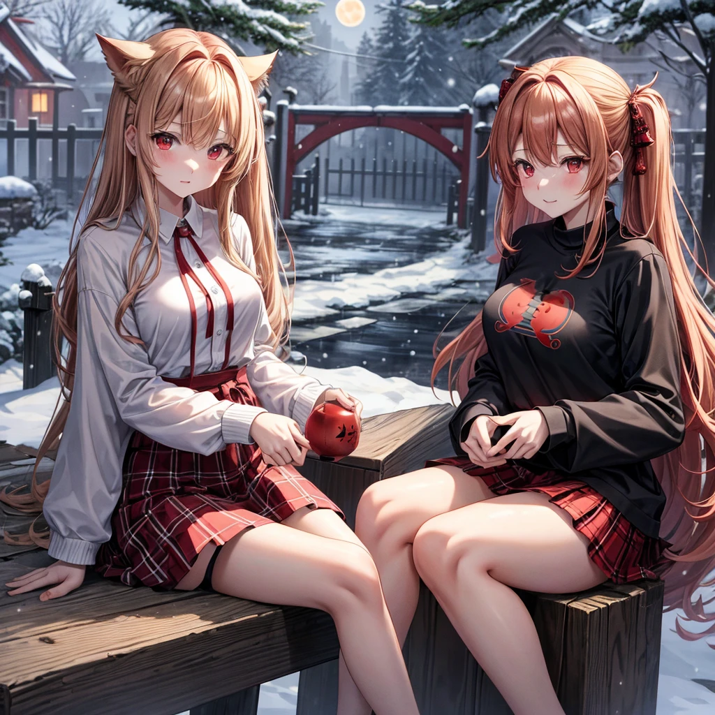 Red-blonde、red eyes、one good looking girl、独奏、animesque、lightly dressed、Plaid miniskirt、wetting hair、sitting on、Black T-shirt、large tree、fullmoon、It's snowing、monster castle、railroad crossing、lantern、Gates of Hell、gatekeeper of craft、I'm looking cold
