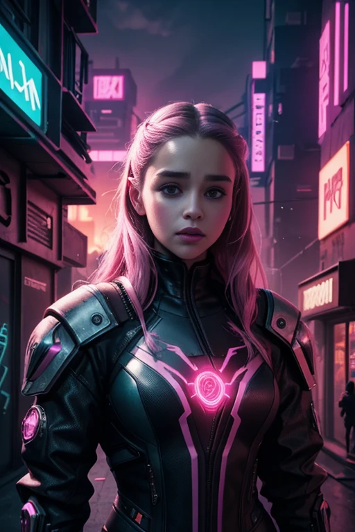 portrait, cyberpunk emilia clarke, cyborg, Futuristic Cityscape illuminated by a pink neon sunset, Colorful Intricate Details, Graffiti Style, Street Art by Alex Konstad, Tatsuya Ishida, and Patrick Brown, dramatic lighting, hyperrealistic details, trending on Artstation, cinematic lighting