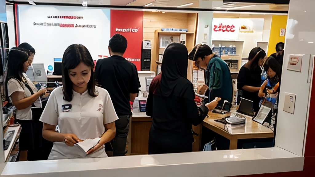 Customer desk of handphone shop  with many customer, a lot of people buy handphone