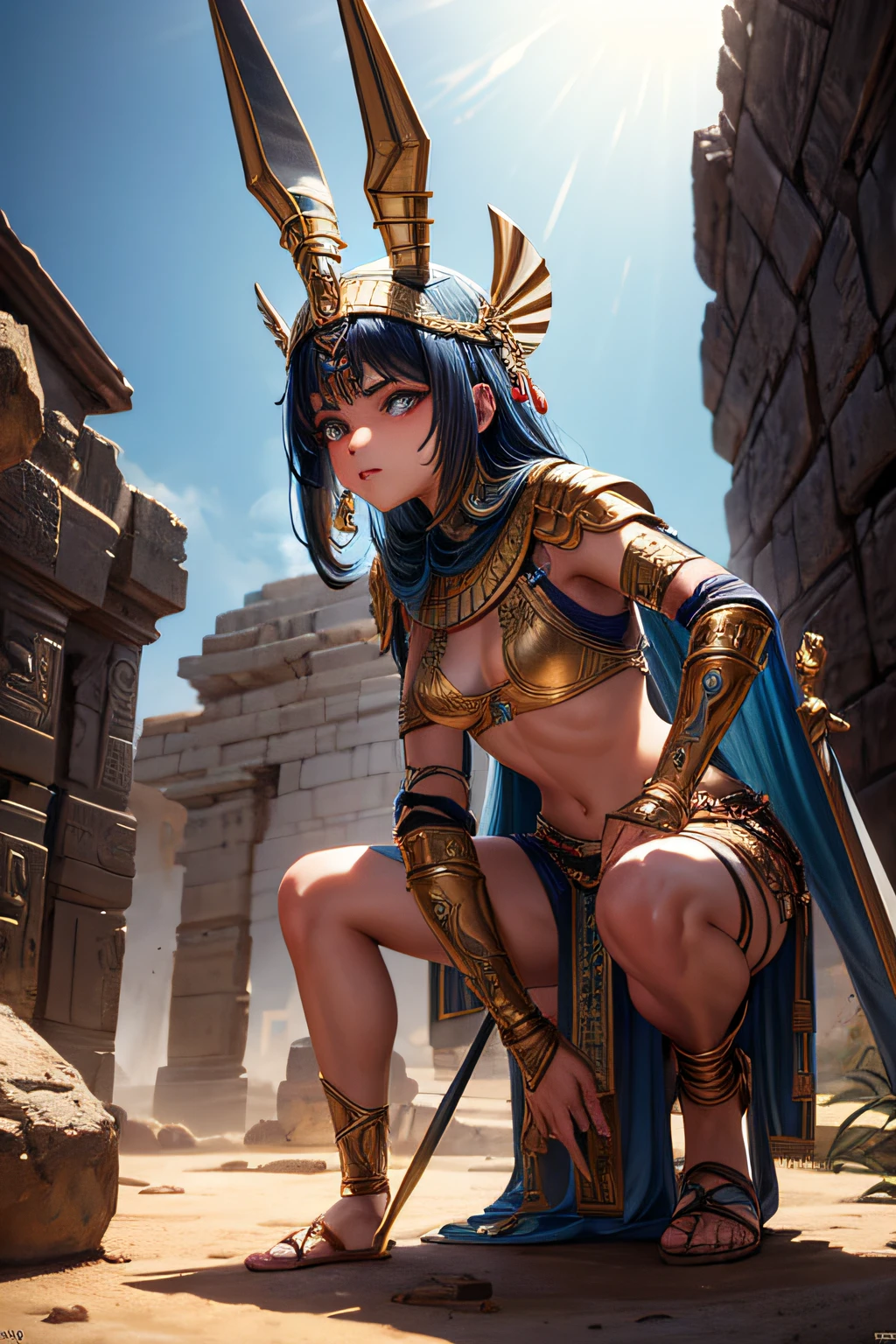 young egyptian teen girl, ancient egyptian warrior, wielding a khopesh evil look,,combat stance, facepaint, bodypaint, sexi, small breasts, ancient egyptian battle dress and armor, pyramide in background, highly detailed, vibrant appearance, creative behavior, extremly detailed, imaginative, sensual, spontaneous, highest quality, skin texture, intricate details, (cinematic lighting), RAW photo, 8k, masterpiece,best quality,ultra-detailed,very detailed illustrations,extremely detailed,intricate details,highres,super complex details,extremely detailed 8k cg wallpaper,