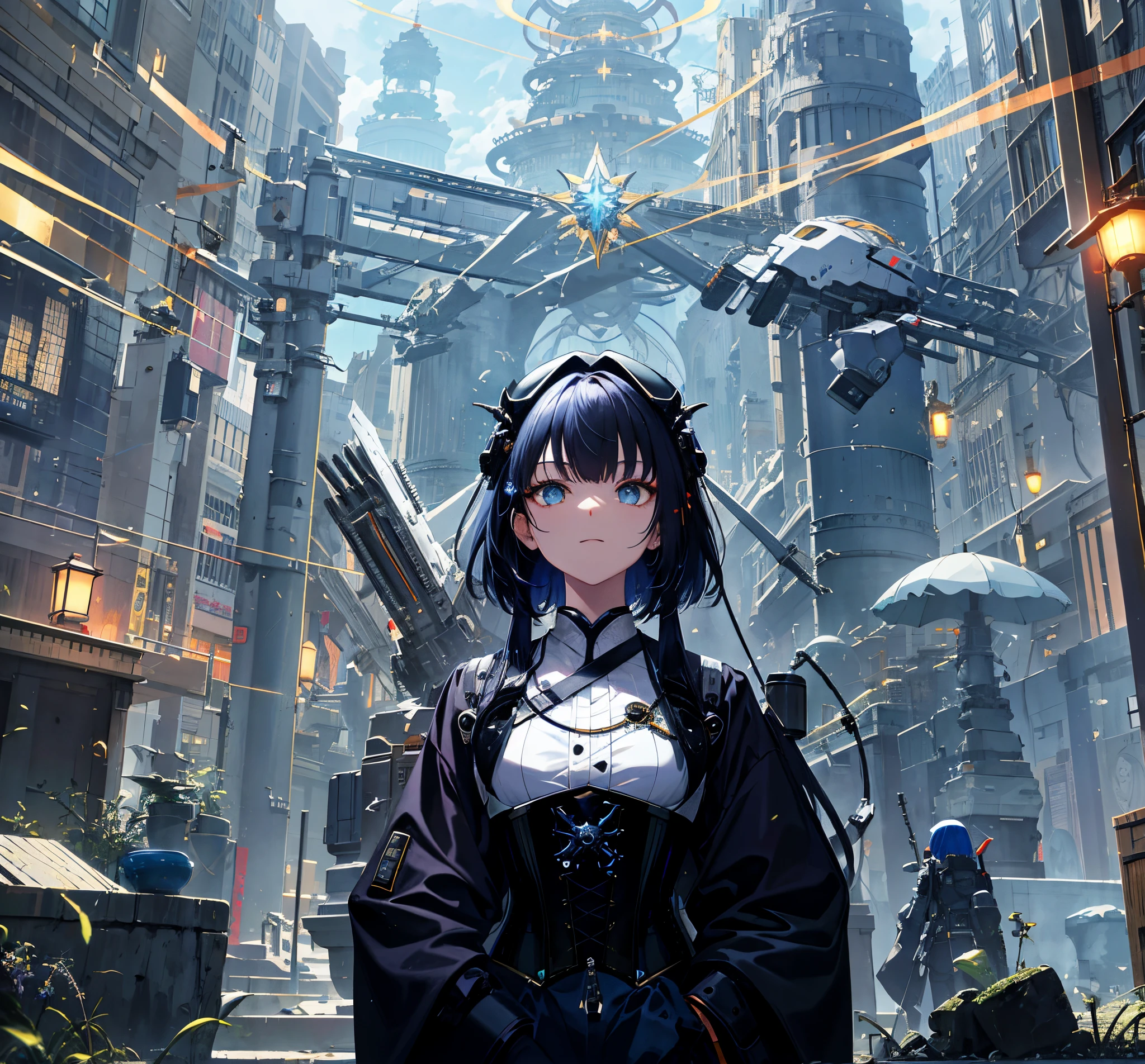 tmasterpiece,Best quality,ultra - detailed,very detailed illustration,Very meticulous,Complicated details,A high resolution,super complex detail,Very detailed 8k CG wallpaper,Denim lenses,Caustics,reflector,ray traycing,Demon Theme,Starcloud,darkness aura,cyber effect,(1 Sister:1.4),Alone,Alone,mecha girl,mechanicalparts,robotjoints,single mechanical arm,Hats,Mechanical Aura,star halo,Electromechanical jumpsuit,mecha corset,Common,Straight A'S,Very long hair,White hair , Hair between both eyes, Hair color, Colored inner hair, blue colored eyes, glowing light eyes, Eye trajectories, Random expression, Random actions, ancient japanese architecture, ponds, starrysky, skylines,
