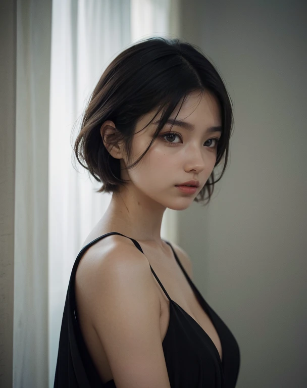A 20-year-old woman with long dark hair, embracing a modern and trendy hi-top fade haircut, set against a dark theme. The woman exudes a sense of serenity and elegance, her brunette locks cascading down her shoulders. Her skin depicted with natural texture and a hyperrealistic touch, emphasizing her youthful glow. The lighting in the scene soft, casting a gentle glow that accentuates her features. The overall color palette of the image muted and soothing, with a focus on muted colors that create a sense of tranquility. The tones are carefully curated to evoke a calming and peaceful atmosphere. The image characterized by high contrast, adding depth and dimension to the composition. The woman's face the centerpiece of the image, with attention to detail given to her beautiful and captivating eyes, delicate nose, and soft, enticing lips. Her eyes are extremely detailed, reflecting a sense of depth and emotion. The artist has paid special attention to creating long eyelashes that enhance the allure of her gaze. The composition also includes additional elements, such as a soft light that envelops the woman, further emphasizing her radiance. The hyperrealistic details of her face and features are juxtaposed against a backdrop that complements her aura. This masterpiece crafted with the highest quality standards, ensuring impeccable image clarity. The resolution can range from 4K to 8K, showcasing every minutiae of the artwork. The use of physically-based rendering techniques and studio lighting enhances the realistic nature of the image. The artistic style of this piece a fusion of portraiture and contemporary aesthetics, capturing the timeless beauty of the woman while incorporating modern elements. The resulting image a stunning blend of realism and artistic interpretation. The color scheme of the image predominantly dark, with deep and soothing tones setting the mood. The muted colors complement the dark theme, creating a sense of mystery and intrigue. The image exudes