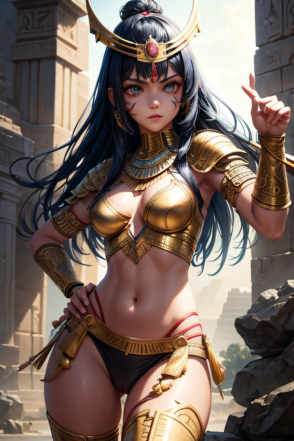 young egyptian  girl, ancient egyptian warrior, wielding a khopesh  evil look,,combat stance, facepaint, bodypaint, sexi, small breasts, ancient egyptian battle dress and armor, pyramide in background, highly detailed, vibrant appearance, creative behavior, extremly detailed, imaginative, sensual, spontaneous, highest quality, skin texture, intricate details, (cinematic lighting), RAW photo, 8k, masterpiece,best quality,ultra-detailed,very detailed illustrations,extremely detailed,intricate details,highres,super complex details,extremely detailed 8k cg wallpaper,